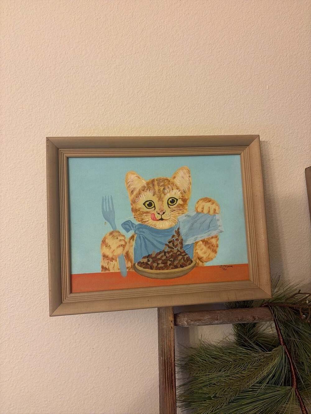 Vintage Original Folk Art Oil Painting of a Cat Eating from a Bowl Signed Alvina